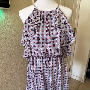 Takara Pink Blue Geo Print Ruffle Halter Dress